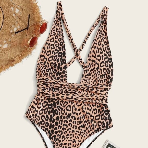 Leopard Print Criss Cross One Piece Swimsuit - Picture 2 of 4